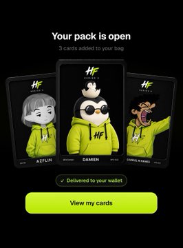 A digital pack-opening screen displays "Your pack is open" with "3 cards added to your bag," revealing three green-hooded character cards: "AZTLAN," "DAMIEN," and "MARIA IBANEZ," with a "View my cards" button below—relating to the "im open full bag" caption by showing freshly collected NFTs added to the user's collection.