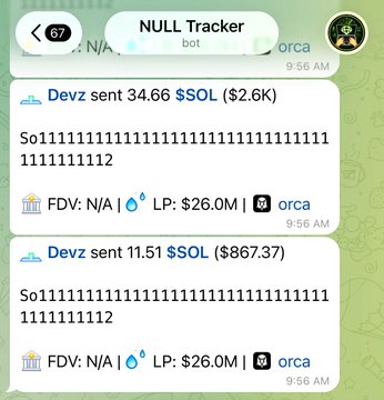 A screenshot of a 'NULL Tracker' bot on Telegram showing transactions involving 'Devz' sending SOL with humorous text 'So11111111111111111111111111111111111111112'.