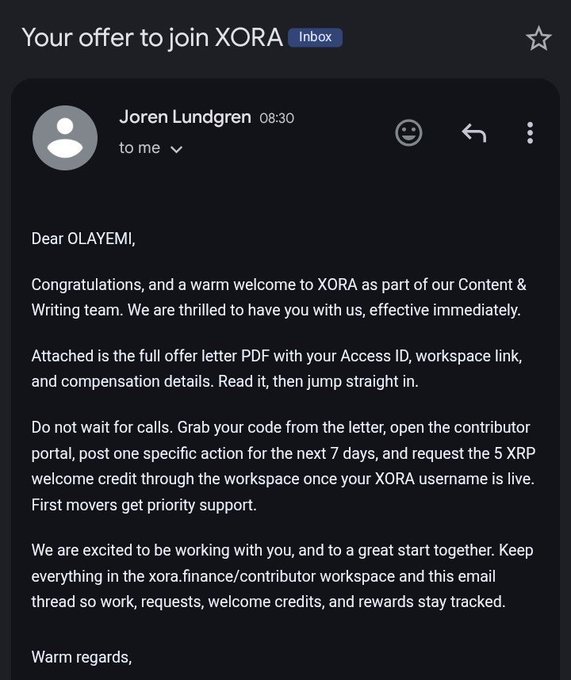 An email screenshot titled 'Your offer to join XORA' from Joren Lundgren, addressed to OLAYEMI, welcoming them to the Content & Writing team and detailing steps to claim 5 XRP welcome credit.