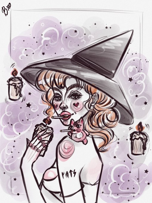 A stylized illustration of a pale-skinned woman with red lipstick wearing a large black witch hat and a 'RATS' shirt, smoking a cigarette, with a small pink cat creature and floating candles, signed 'Brie'.