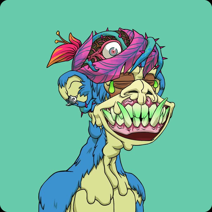 A grotesque, cartoon-style mutated ape with vibrant blue fur, sharp green fangs, and a pink leaf bandana covering one eye, dripping with green slime—fitting the "Mutant Ape Yacht Club" NFT collection's distinctive, exaggerated, and eerie aesthetic.