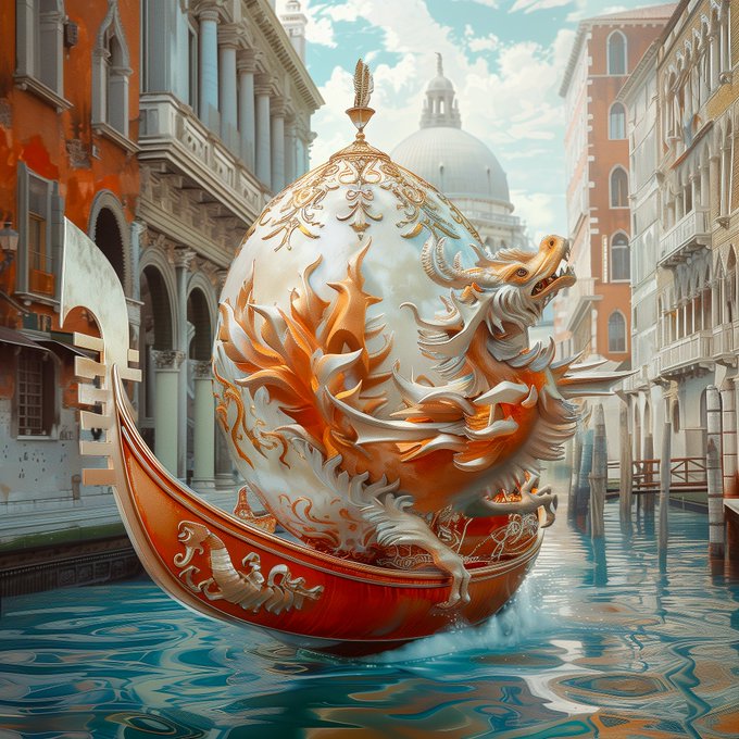 A digital artwork depicting an ornate, dragon-shaped gondola with intricate gold and white detailing navigating a Venice-like canal.