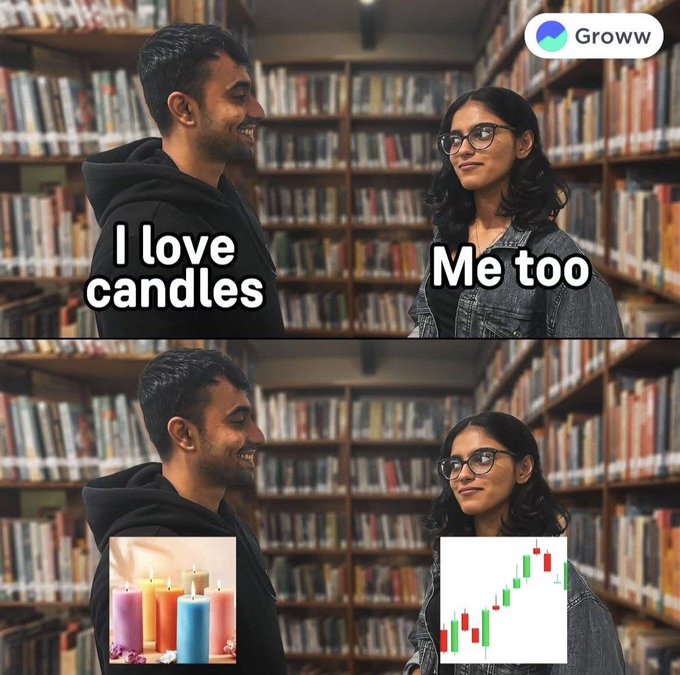 A 'Groww' meme showing two people in a library with the captions 'I love candles' and 'Me too', revealing they meant stock candlestick charts rather than wax candles.