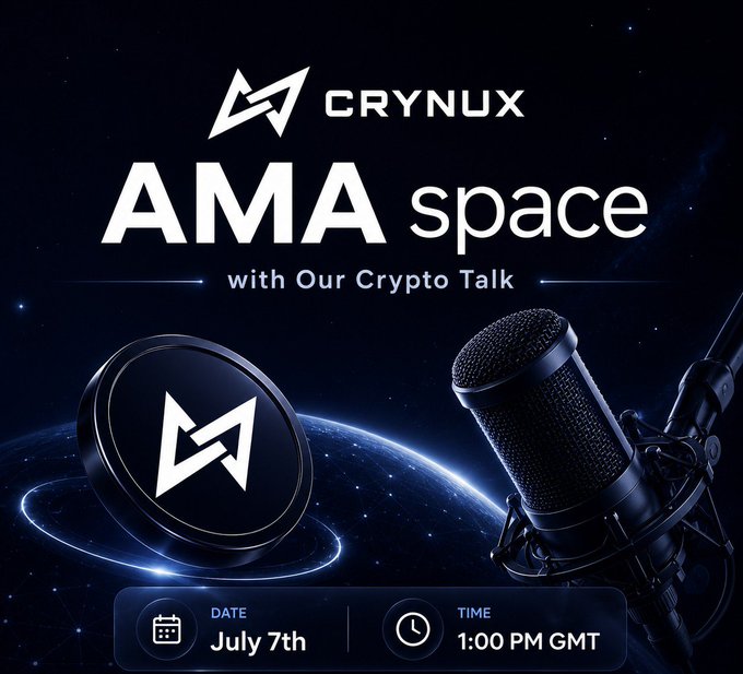 Promotional graphic for "CRYNUX AMA space with Our Crypto Talk" event scheduled for July 7th at 1:00 PM GMT, featuring a microphone and Crynux logo against a space-themed background.