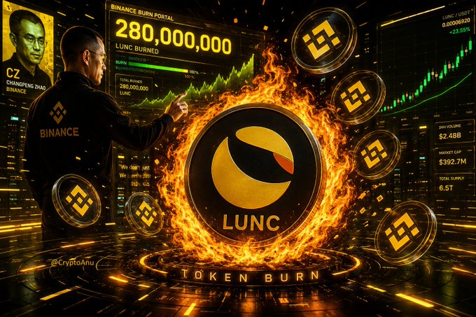 The image depicts a digital representation of Binance burning 280,000,000 LUNC tokens, illustrated by fiery LUNC coins and a dashboard displaying the burn amount alongside market data and a portrait of CZ. This visual directly supports the post's announcement of a significant LUNC token burn by Binance.