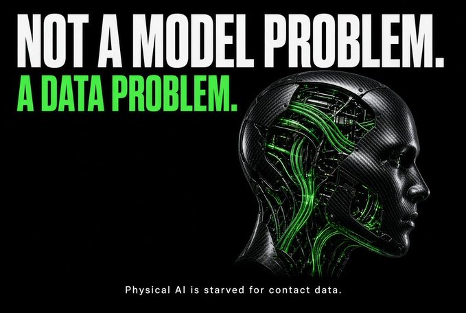 A graphic with a robotic head featuring green circuitry on a black background displays the text "NOT A MODEL PROBLEM. A DATA PROBLEM." in white and green, with the tagline "Physical AI is starved for contact data." below.