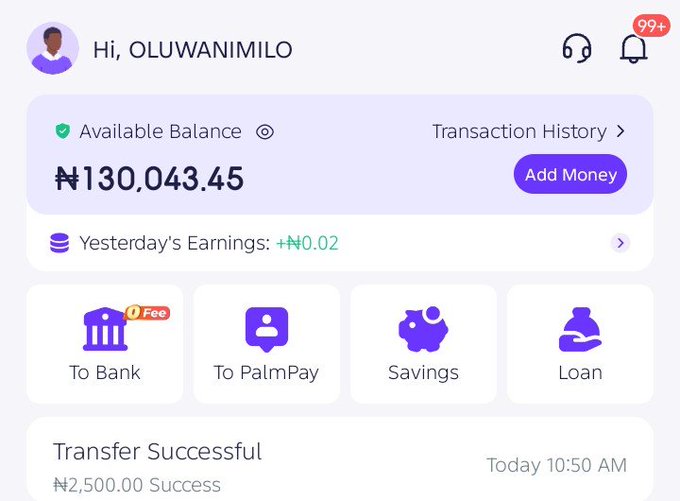 The image shows a PalmPay mobile wallet dashboard for user "OLUWANIMILO" with an available balance of ₦130,043.45, yesterday's earnings of +₦0.02, and a recent successful transfer of ₦2,500.00 at 10:50 AM. This appears to be evidence supporting the post's claim about earning money through Web3 work, as the wallet shows accumulated earnings from the platform.