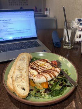 A plate of grilled chicken with salad, bread, and cherry tomatoes sits on a table in front of an open laptop displaying a document, with a glass of water nearby.