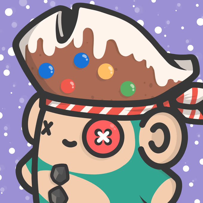 Cute cartoon character illustration featuring a figure with a chocolate cake/ice cream sundae for a head, complete with white frosting, candy buttons, and a candy cane headband, wearing sunglasses on a snowy purple background.