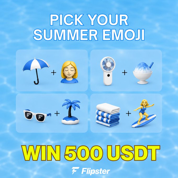 The image is a Flipster Summer Giveaway promo with the headline "PICK YOUR SUMMER EMOJI" and "WIN 500 USDT," showing four combinations of summer-themed emojis (umbrella+person, fan+shaved ice, sunglasses+palm tree, towels+surfer) against a pool-water background, directly illustrating the giveaway mentioned in the post.