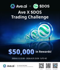 A promotional poster for the 'Ave X $DOS Trading Challenge' by Ave.ai and $DOS, advertising $50,000 in rewards from August 12-26, 2026.