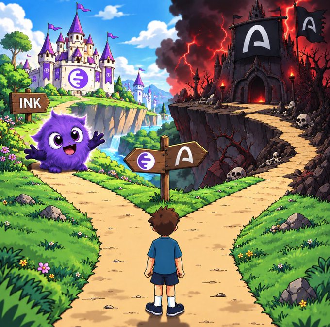 A young boy stands at a crossroads, facing a signpost with an "INK" arrow leading to a purple castle on the left, and a dark fortress marked with "A" looming on the right, while a friendly purple "INK" mascot waves from the sunny path. The image visually represents the post's call to action, symbolizing a clear, easy choice—bridging to Ink onchain is the simple, beneficial path over the ominous alternative.
