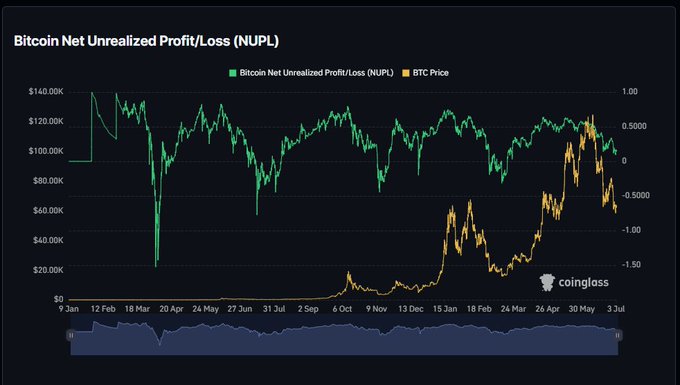 A CoinGlass chart displaying Bitcoin's Net Unrealized Profit/Loss (NUPL) in green and BTC Price in orange from January 9 through July, with the NUPL line currently near 0.158—aligning with the caption's claim that Bitcoin is in the "fear zone" with most bull market profits erased.