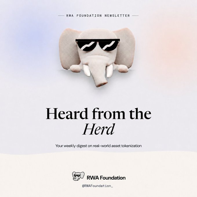 RWA Foundation newsletter cover titled 'Heard from the Herd' featuring a 3D elephant wearing sunglasses, described as 'Your weekly digest on real-world asset tokenization'.