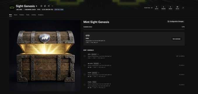 A webpage for 'Sight Genesis' displays a glowing treasure chest alongside a schedule of upcoming cryptocurrency mint schedules (GTD, WL GTO, FCFS, Public).