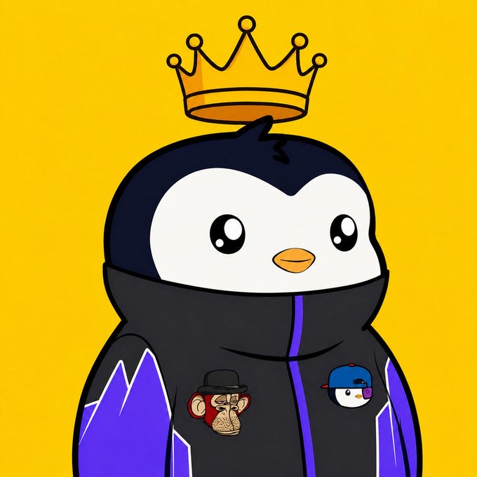 A cartoon penguin mascot wearing a golden crown and a black and purple jacket, featuring NFT profile pictures (a monkey and a penguin with cap) on the jacket pockets, set against a yellow background.