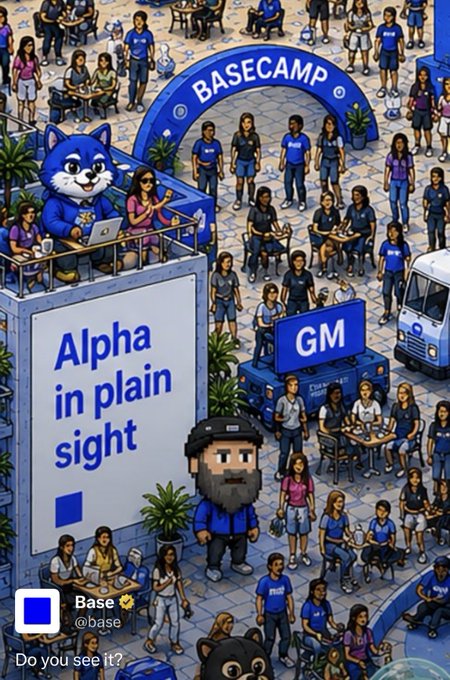 A vibrant pixel-art illustration depicts a crowded 'BASECAMP' with people in blue shirts, a large mascot cat, and a billboard reading 'Alpha in plain sight' with the Base (@base) logo.
