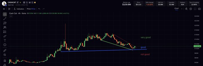 A TradingView chart of the $CASHCAT token on a 4-hour timeframe is displayed, showing price action consolidating between $0.00001198 and $0.00001008, with annotated trendlines marking "very good," "good," and "not good" support/resistance zones to frame potential trade setups.
