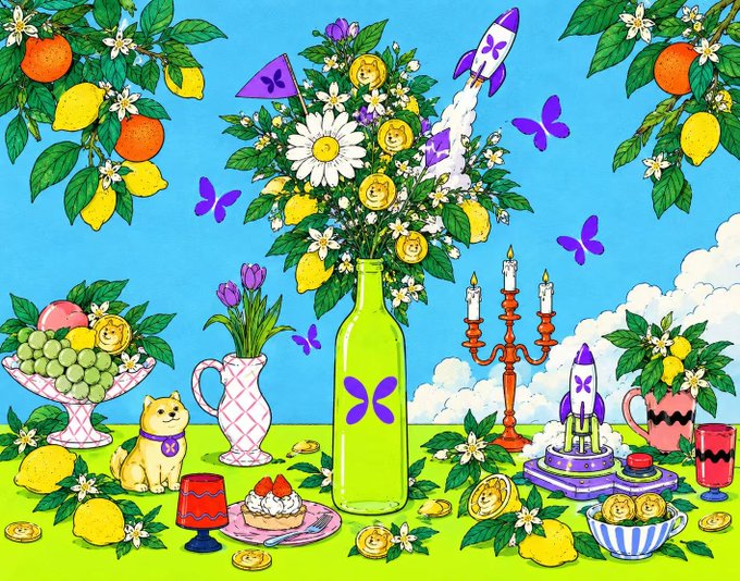 A vibrant illustration features a green bottle with a butterfly logo containing a floral arrangement with rockets, surrounded by lemons, oranges, butterflies, a Shiba Inu dog wearing the same butterfly emblem, fruits, a candelabra, and desserts against a blue sky background.