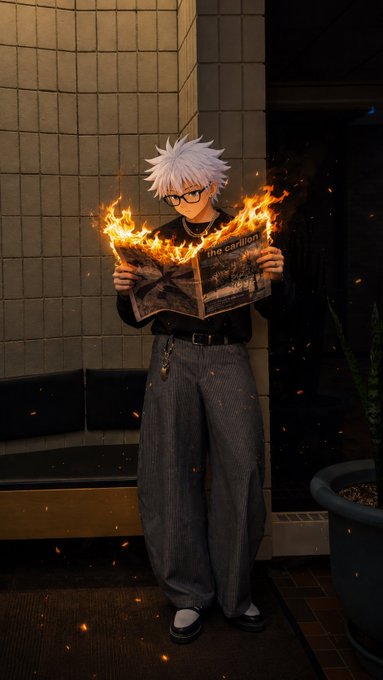 A young man with white hair and glasses stands reading a burning newspaper, with visible text "the coalition," surrounded by falling embers in a dimly lit tiled space. The fiery imagery evokes a sense of dramatic revelation or unrest, fitting an evening post addressing CT ("the coalition").