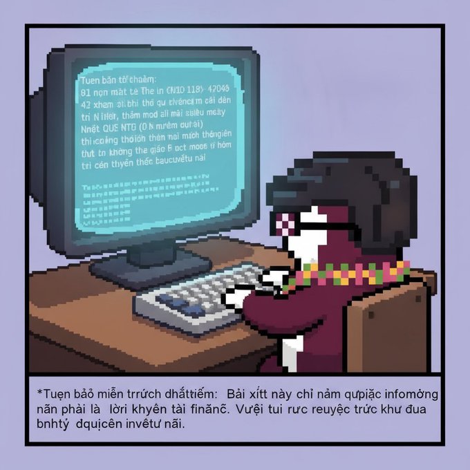 A pixel art image of a dark figure with pixelated glasses sitting at a computer, with text in Vietnamese on the monitor and caption below that appears garbled or randomly generated.