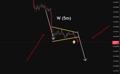 A dark candlestick chart showing a 'W (5m)' pattern highlighted in yellow against a downward price trend.