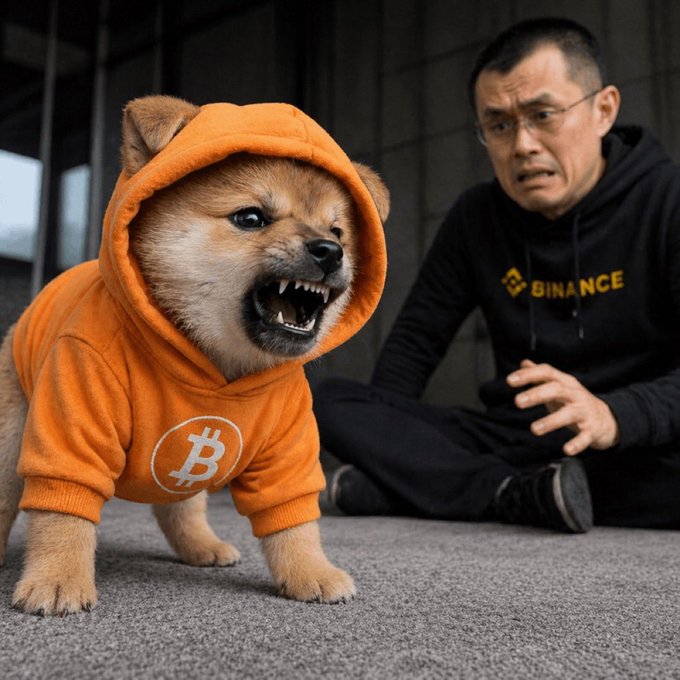 The image features a small brown dog wearing an orange hoodie with the word "BINANCE" printed on it, standing next to a man who appears to be sitting or kneeling down. The dog's mouth is open wide, giving the impression that it might be growling or barking at something in its surroundings.