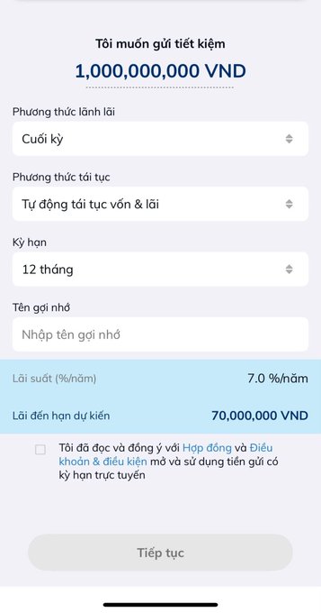 A mobile banking app screen shows a savings deposit setup for 1,000,000,000 VND over a 12-month term at 7.0% interest per year, yielding 70,000,000 VND at maturity. The image illustrates the context of the post, where the user is comparing this savings option (with a noted 8% rate mentioned in the post) against alternatives like gold or crypto investments.