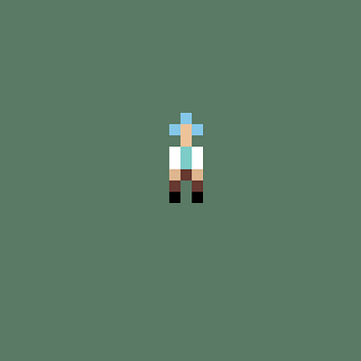 A simple pixel art character resembling Steve from Minecraft standing centered against a solid dark green background.