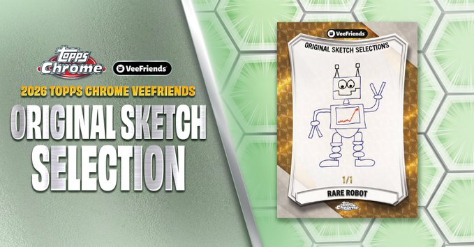 The image features an original sketch of a robot drawn by @garyvee, which has been featured as the first-ever insert for Chrome VeeFriends in 2026. The robot's design is unique and eye-catching, making it stand out among other inserts. The post highlights that this particular insert is special because it showcases @garyvee's original character sketches on a Chrome card, adding an artistic touch to the gaming experience.