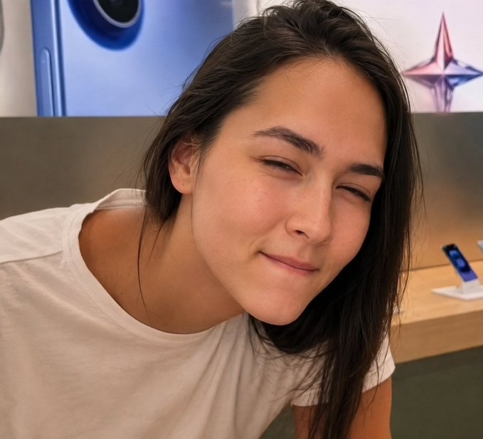 A close-up of a woman with dark hair wearing a white t-shirt, smiling with her eyes closed, with a phone visible on a desk in the background.