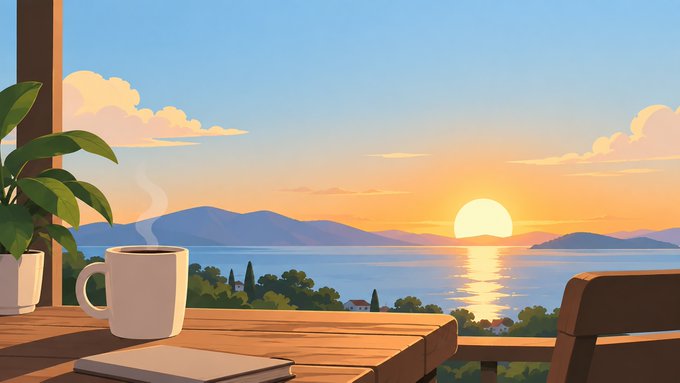 An illustration of a peaceful scene with a steaming cup of coffee on a wooden table, overlooking a sunset over a body of water with mountains in the distance.