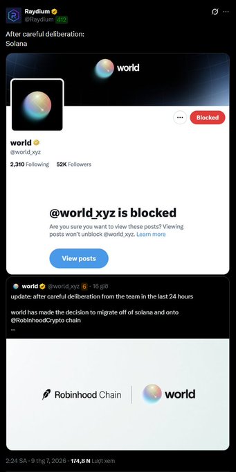 X post by Raydium (@Raydium) about World (@world_xyz) migrating off Solana onto Robinhood Chain, shown alongside a blocked account profile page.