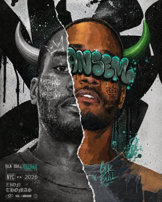 A stylized album/event poster featuring a split portrait of a man's face with horns, graffiti-style text 'ANSEM', and details including 'BLK BULL ARCHIVE', 'NYC 2026', and 'ZION THOMAS'.