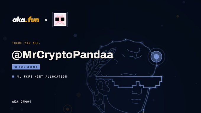 A promotional graphic for 'aka.fun' features the username '@MrCryptoPandaa' alongside a stylized line drawing of a face with a visor, mentioning 'WL FCFS SECURED' and 'AKA DN404'.