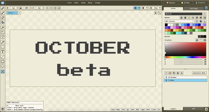 A pixel art editor interface displays the words 'OCTOBER beta' in blocky pixel font on a beige canvas, with color swatches, brush options, and layers panel visible in the workspace.