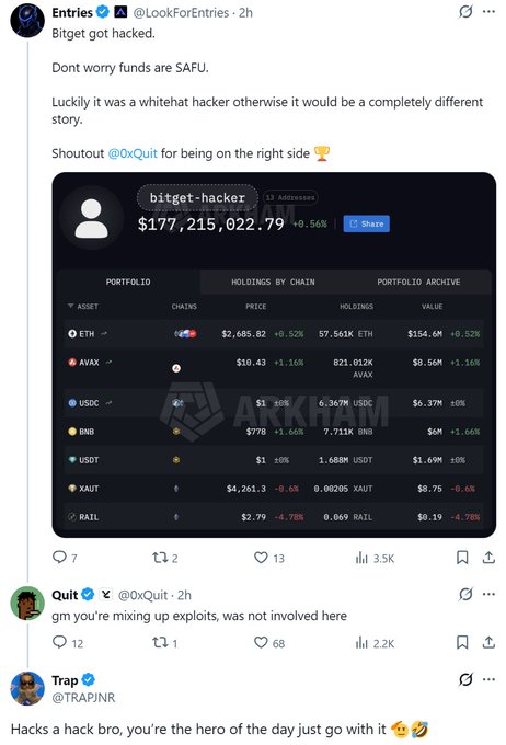 A tweet from @LookForEntries announces "Bitget got hacked" but reassures that funds are safe, attributing the incident to a whitehat hacker named "bitget-hacker" who appears to hold $177,215,022.79 in a portfolio across assets including ETH, AVAX, USDC, BNB, USDT, XAUT, and RAIL. The post receives a skeptical reply from @0xQuit denying involvement and a supportive response from @TRAPJNR calling the hacker a hero.