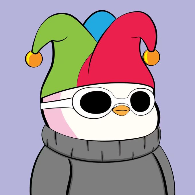 A cartoon penguin character wearing a multi-colored jester hat and white sunglasses, dressed in a gray sweater against a purple background.
