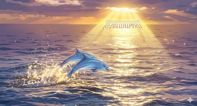 The image features a beautiful sunset over the ocean, with two dolphins jumping out of the water near the horizon line. The sun is setting behind them, creating a stunning backdrop for their playful display. The caption below the image reads "@RiverdotInc @River4fun #DELUXE #DELUXE #DELUXE". This suggests that the post might be related to a business or organization named '@RiverdotInc', which could potentially be involved in water-related activities, such as marine conservation or recreational boating. The image's content and context are open to interpretation, but it is clear that the dolphins' playful behavior has captured the attention of the viewers.