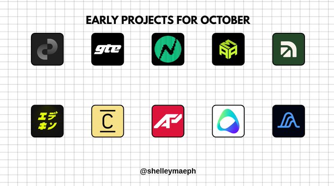 The image is a graphic titled "EARLY PROJECTS FOR OCTOBER" displaying 10 app-style icons representing crypto/Web3 projects in two rows, with the credit "@shelleymoeph" at the bottom. It visually summarizes the accompanying post's curated list of early-stage projects to farm for October, showcasing logos for projects like DualMintRWA, GTE, and additional unnamed platforms.