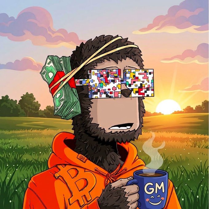 A cartoon sloth wearing pixelated sunglasses and an orange Bitcoin hoodie holds a 'GM' coffee mug while standing in a field at sunset.