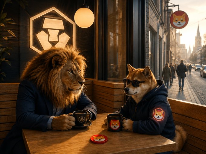 A lion in a suit and a Shiba Inu wearing sunglasses and a hoodie sit at a café table with Shiba Inu-branded mugs, beneath a "Crypto.com" hexagonal logo sign, symbolizing the partnership between Crypto.com and the UAE/Shib community for real-world utility like Emirates flights.
