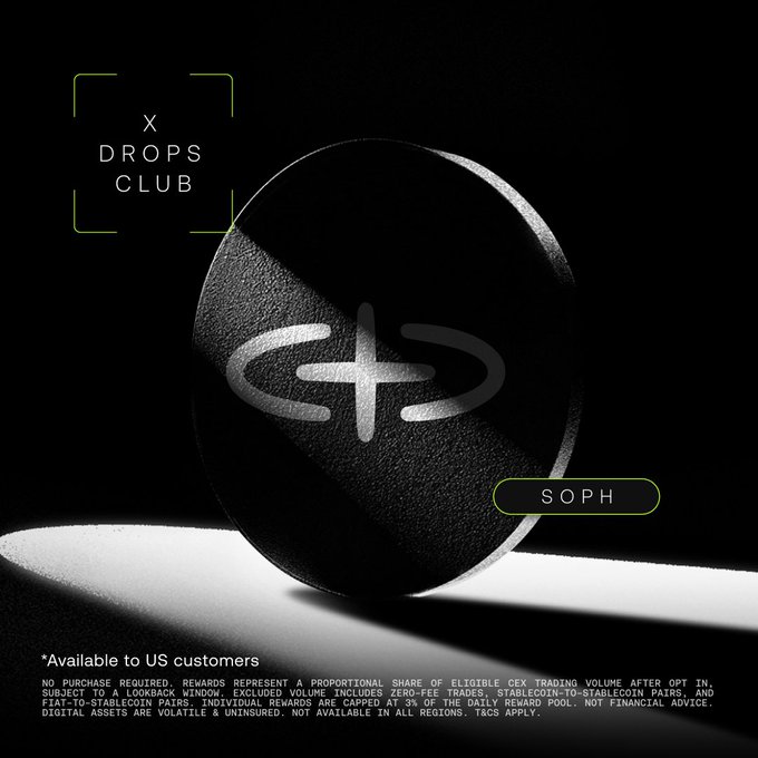 A dark promotional image for X Drops Club features a black textured coin with a stylized "S" logo and a green-bordered "SOPH" label, announcing that 32.76M $SOPH tokens are now available to US customers through trading-based rewards on the OKX platform.
