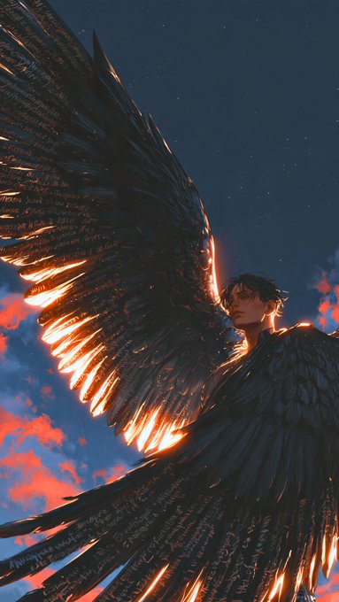 A digital artwork features a figure with massive, dark, textured wings that appear to be inscribed with glowing script, illuminated by fiery light against a dramatic sunset sky.