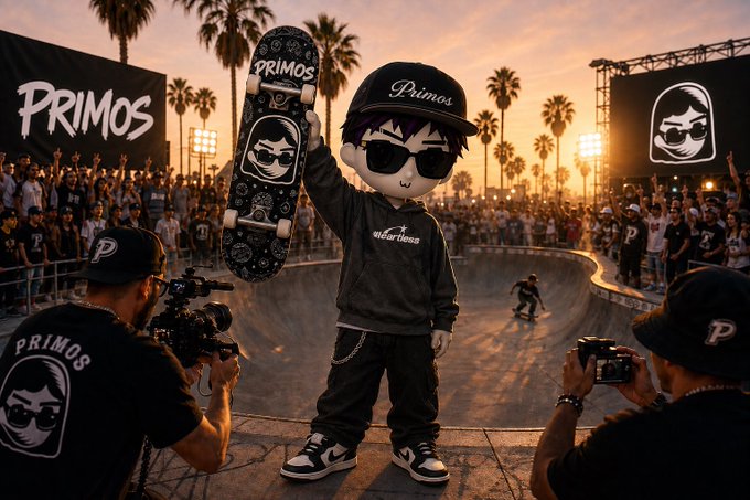 An illustrated scene showing a cartoon character in a black 'Primos' hoodie and cap holding up a skateboard at what appears to be a skateboarding event, with cameramen filming and a crowd of spectators in the background.