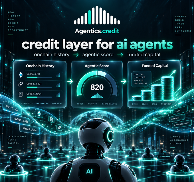 A promotional graphic for 'Agentics.credit' featuring the tagline 'credit layer for ai agents' with sections for Onchain History, Agentic Score (820), and Funded Capital, with an AI robot figure in the foreground.