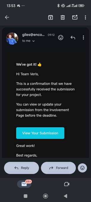 A mobile email screenshot from giles@enco... confirming receipt of a project submission for Team Veris, with a 'View Your Submission' button.