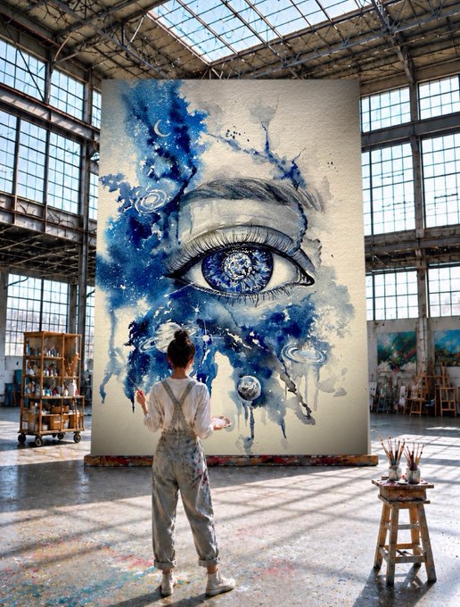 An artist in overalls stands before a large blue cosmic painting featuring an eye and galaxies in a spacious industrial studio with large windows.