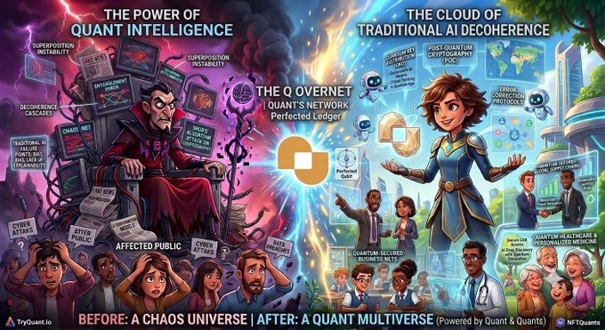 A digital illustration contrasts 'THE POWER OF QUANT INTELLIGENCE' (a chaotic dark scene) with 'THE CLOUD OF TRADITIONAL AI DECOHERENCE' (a bright, organized scene), bridged by 'THE Q OVERNET - QUANT'S NETWORK Perfected Ledger', tagged 'TryQuant.io' and 'NFTquantco'.