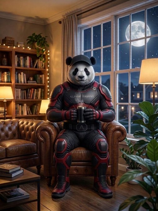 A panda wearing a black and red armored suit with "ALPHA SAVANT" printed on the chest sits in a leather armchair, holding a mug in a cozy study illuminated by moonlight and warm lamps. The image ties into the caption's theme of an alpha taking a relaxing break, as the suited panda enjoys a quiet evening with books, coffee, and a glowing full moon outside.